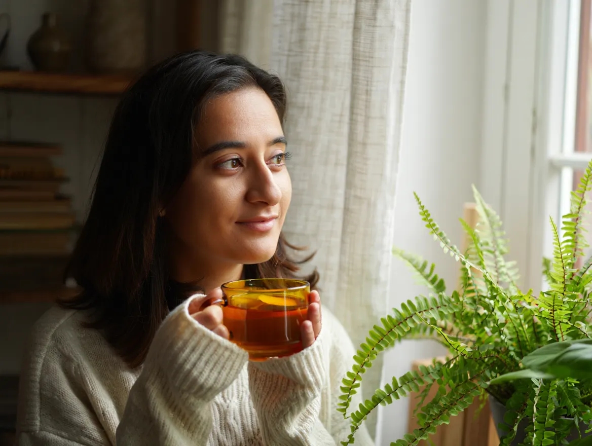 Person nyder en rolig morgenstund med en kop te ved vinduet