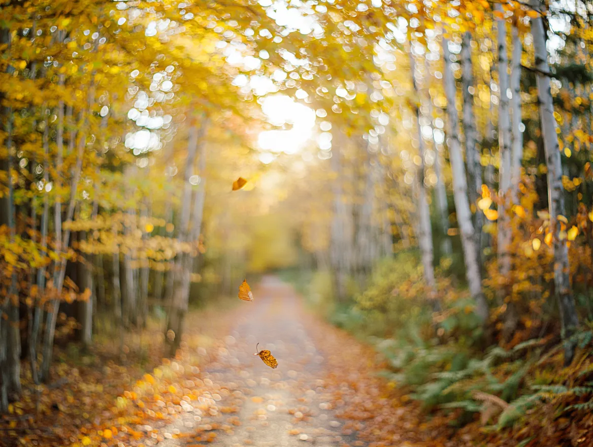 Fredfyldt skovsti med sollys der skinner gennem træernes blade