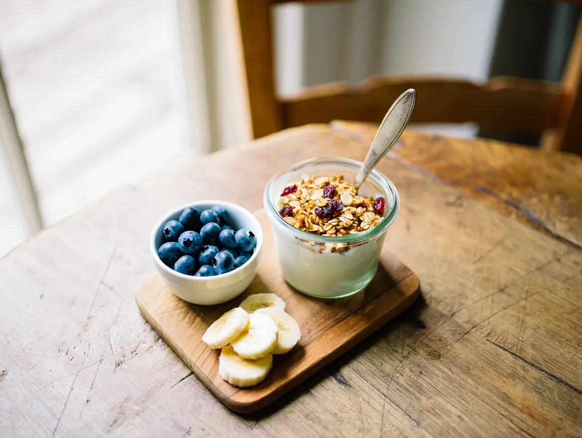 Bord med sund morgenmad bestående af frugt, yoghurt og granola i naturligt lys